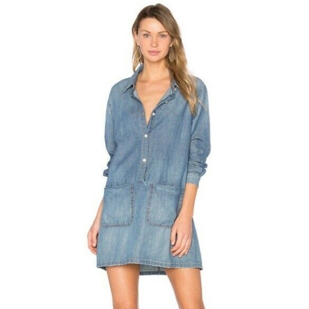 The GREAT. Scout Denim Chambray Shirt Dress Blue Women Sz 0 Minimalist Heritage